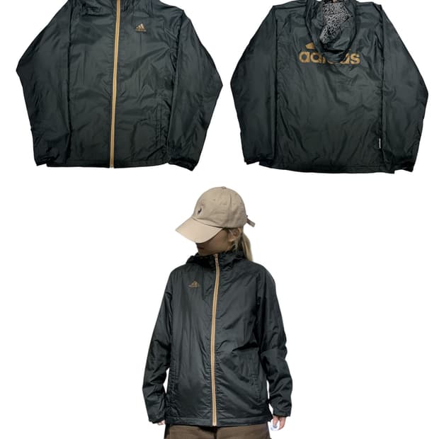 아디다스 블랙 골드 빅 로고 후드 바람막이 자켓 S