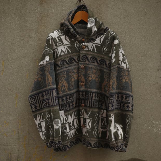 빈티지 아즈텍 패턴 헤어리 울 알파카 후드 니트