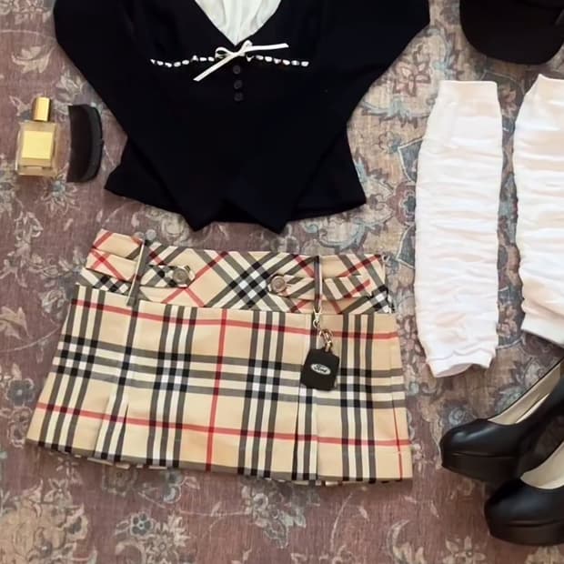 엔젤넘버555 베이지클래식 체크윈터스커트 베이비메탈클럽교복갸루