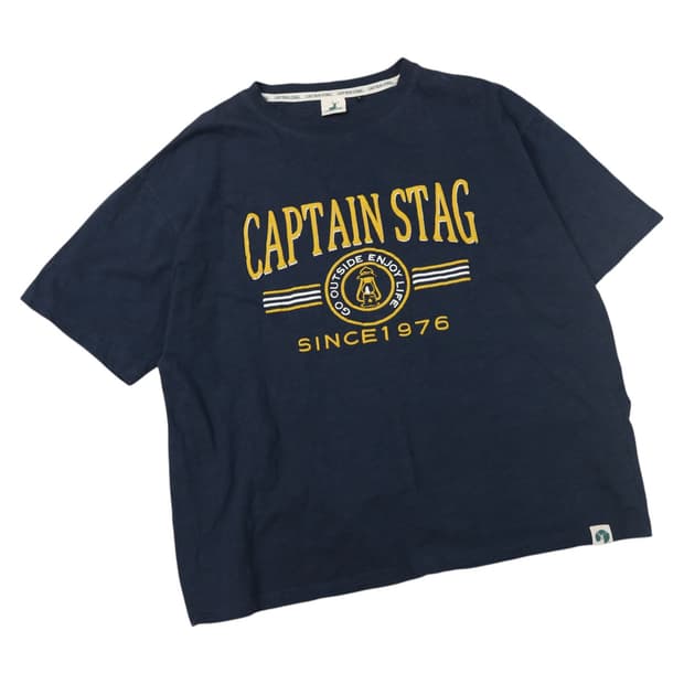 CAPTAIN STAG 캡틴스태그 빈티지 옐로우 빅로고 네이비 반팔티셔츠