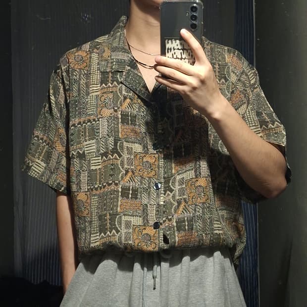 빈티지 카키 브라운 에스닉 스퀘어 패턴 하와이안 반팔셔츠 하프셔츠 L