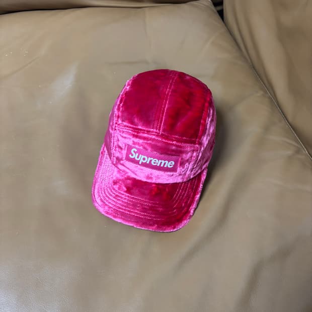 슈프림 캠프캡 모자 박스로고 크러쉬 벨벳 핑크