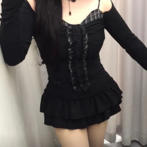 Eyeer 체크 패턴 레이어드 롱 슬리브 블랙&목걸이 코디 세트