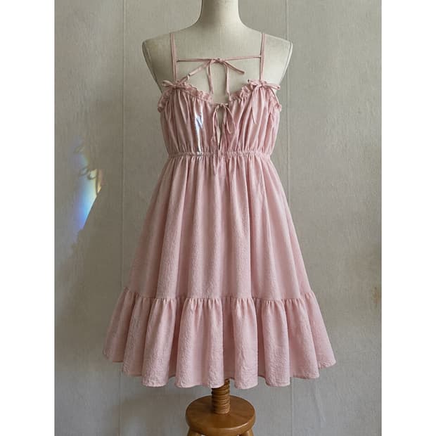 분홍 레이스 미디 원피스