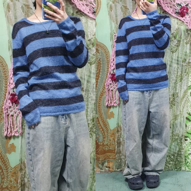 모헤어 블루블랙 스트라이프 니트