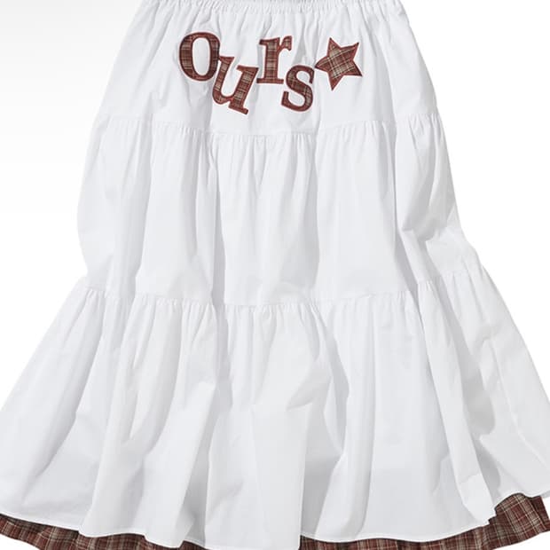 아워세이아워 체크 배색 셔링 롱스커트 화이트