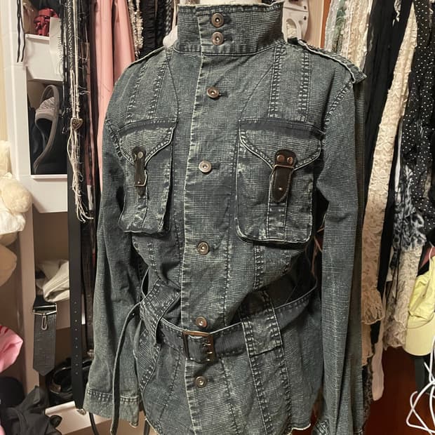 워싱 하이넥 벨트 데님 셔츠 자켓