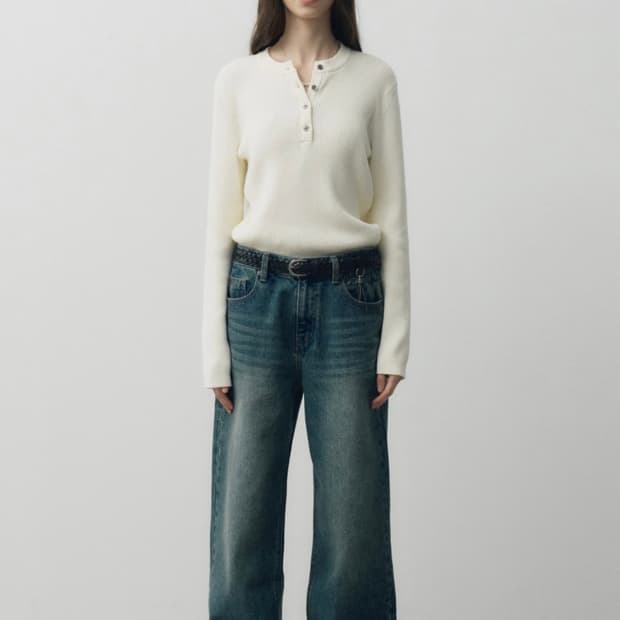 noirer 코튼 리브드 헨리넥 니트 36사이즈