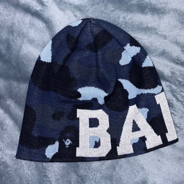 베이프 컬러 카모 니트 캡 비니 네이비