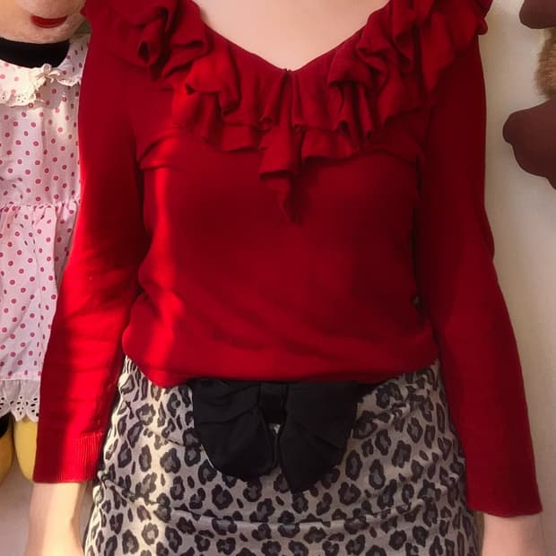 로렌랄프로렌 체리레드 9부 러플 니트