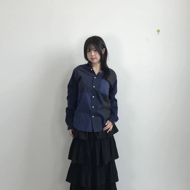 United Arrows Patchwork Dot Navy Shirt