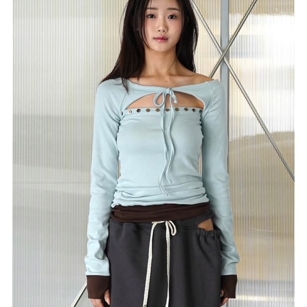 인앤양하모니 버튼 레이어 탑 (stripe, baby blue)