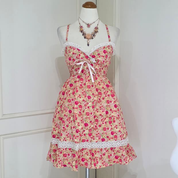리즈리사 일본빈티지)핑크 플로럴 히메갸루st 로맨틱 레이스 리본 원피스