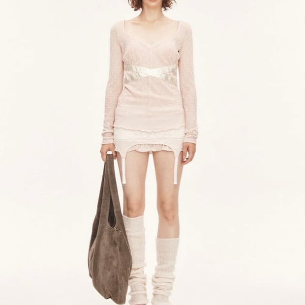 쓰리타임즈 레이스 가터 스커트 핑크 쓰탐