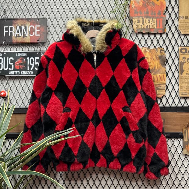 17F/W 슈프림 다이아몬드 아가일 패턴 퍼자켓 레드 블랙