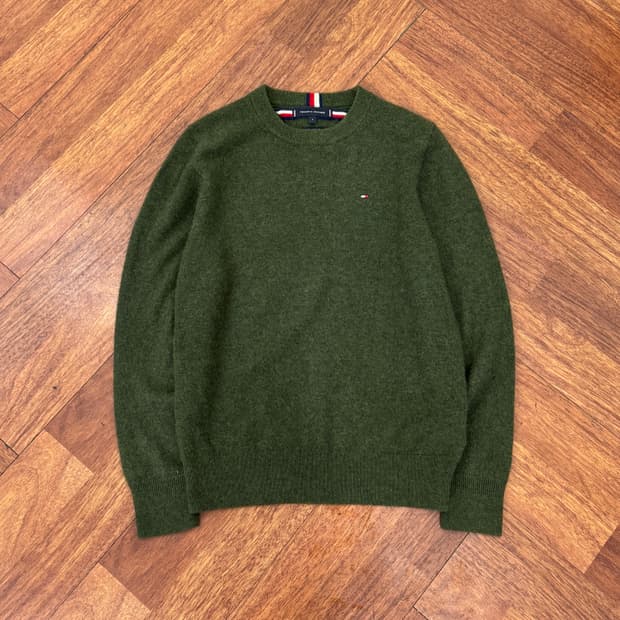 S 타미힐피거 카키 캐시미어 라운드 니트  