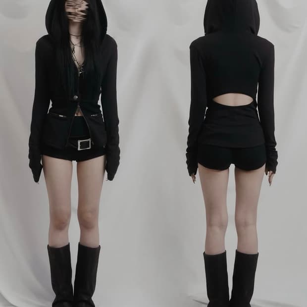 쇠아Cut out banding hoodie zip-up (BLACK)