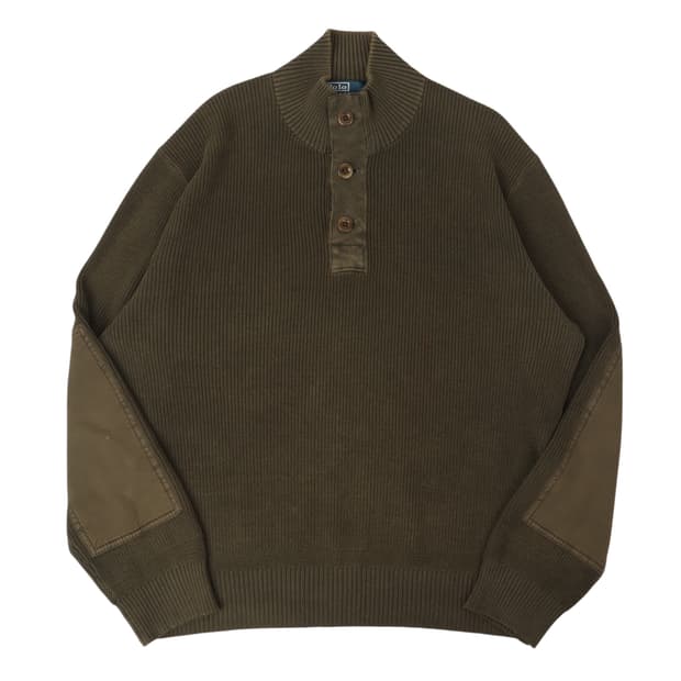 폴로 랄프로렌 카키 army 엘보 패치 버튼넥 니트