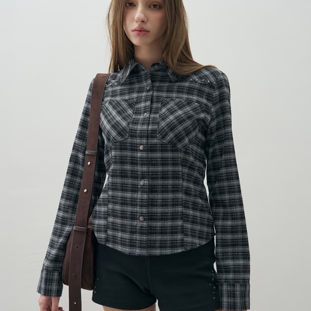 (새상품) 레더리 체크 웨스턴 슬림셔츠 블랙 그레이 겨울셔츠