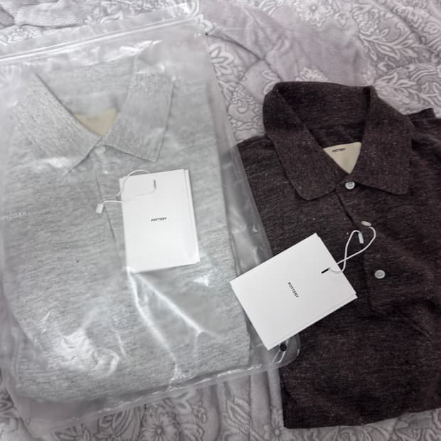 포터리 코튼린넨 숏슬리브 카라 니트 멜란지그레이, 브라운 2