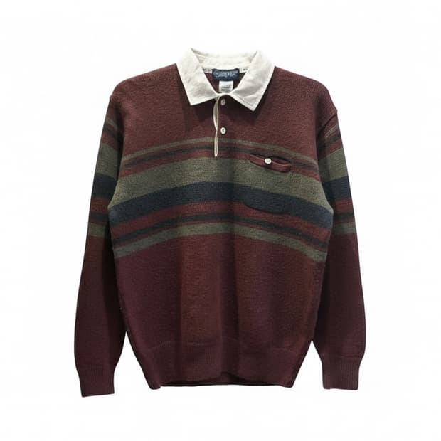 BANFF 밴프 멀티 스트라이프 카라 니트 어스톤 포켓 디테일 딥버건디