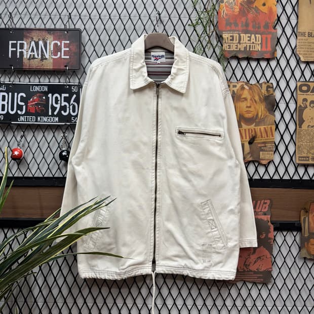 90s 리복 코튼 코치자켓 집업 원포켓 포인트 아이보리
