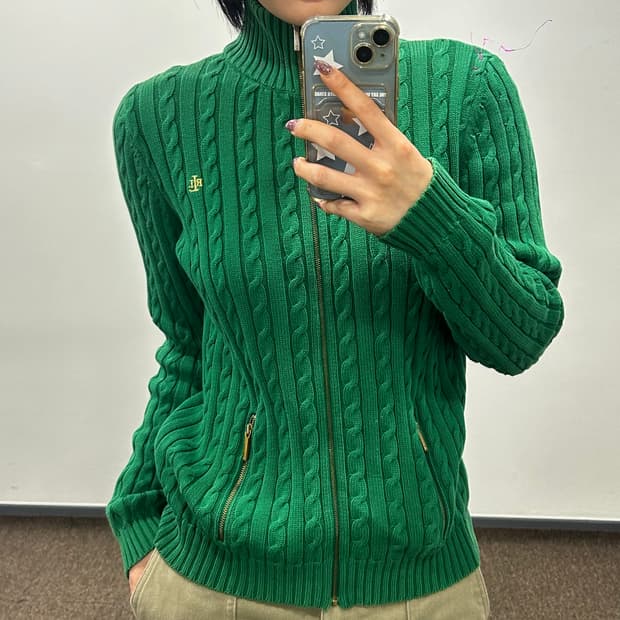 Polo 폴로 랄프로렌 골드로고 그린 케이블니트 집업 가디건