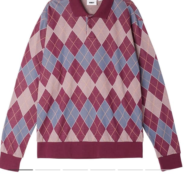 오베이 아가일 자카드 롱슬리브 폴로 티셔츠 퍼플