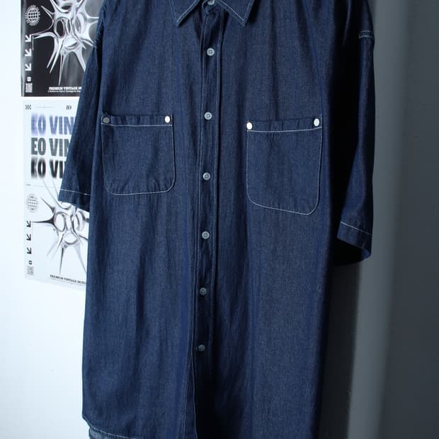 (L-XL) 시그니처 반팔 카라 티셔츠 셔츠 남방 무지 데님-H31680