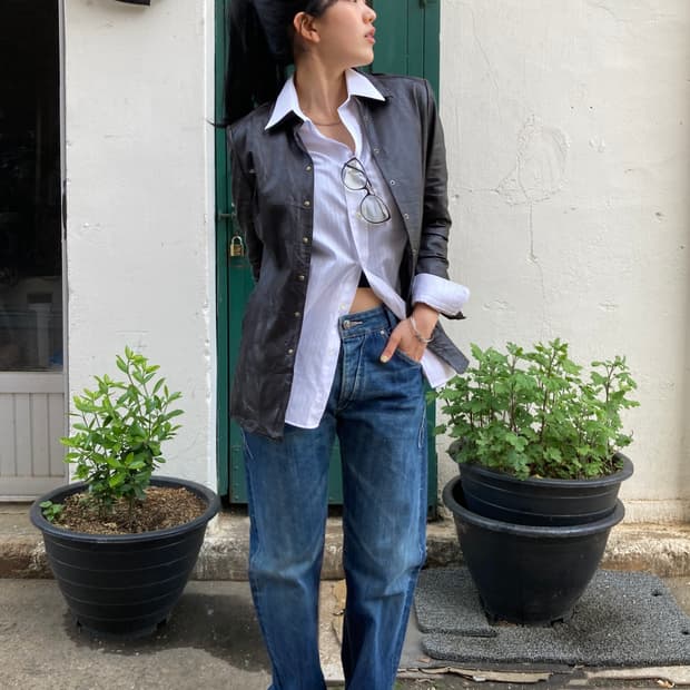 Romache Japan 레자 브라운 스냅 셔츠