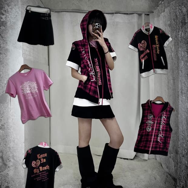 캐캐체 아무사복깔 핑크체크 키치 코디세트 