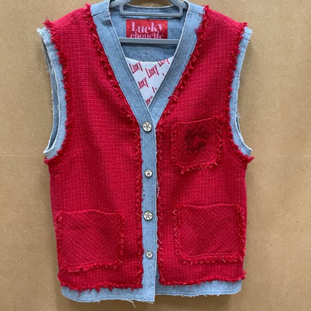 럭키슈에뜨 트위드 데님 배색 베스트