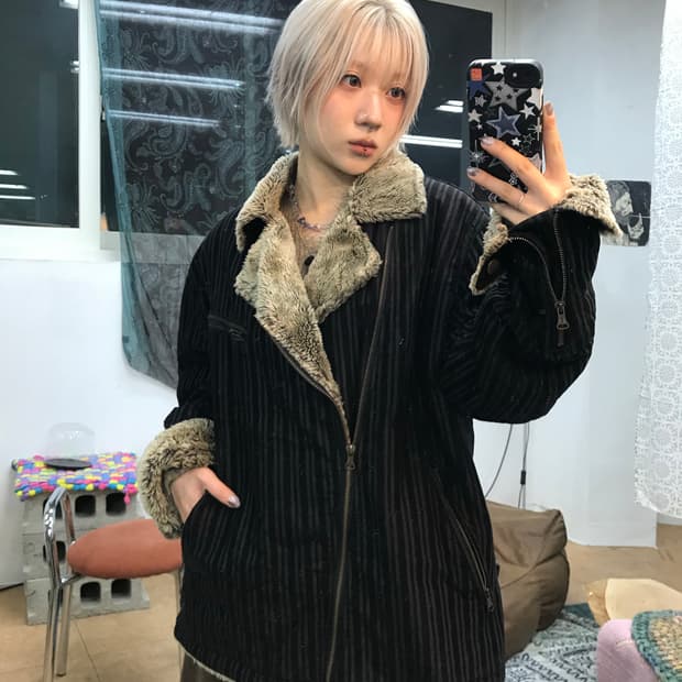 리바이스 골덴 스트라이프 사선지퍼 양털 쉐르파 자켓 