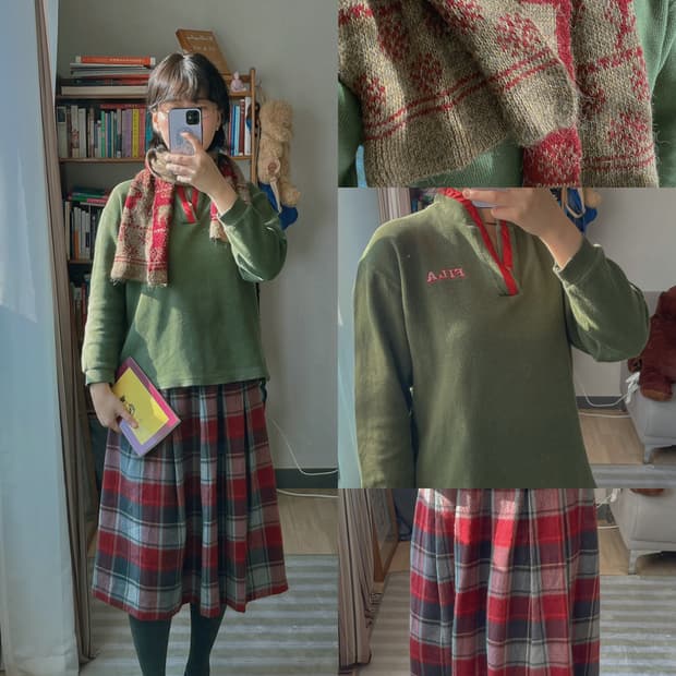 빈티지 코디 세트 (티셔츠 + 체크 스커트 + 니트 머플러)