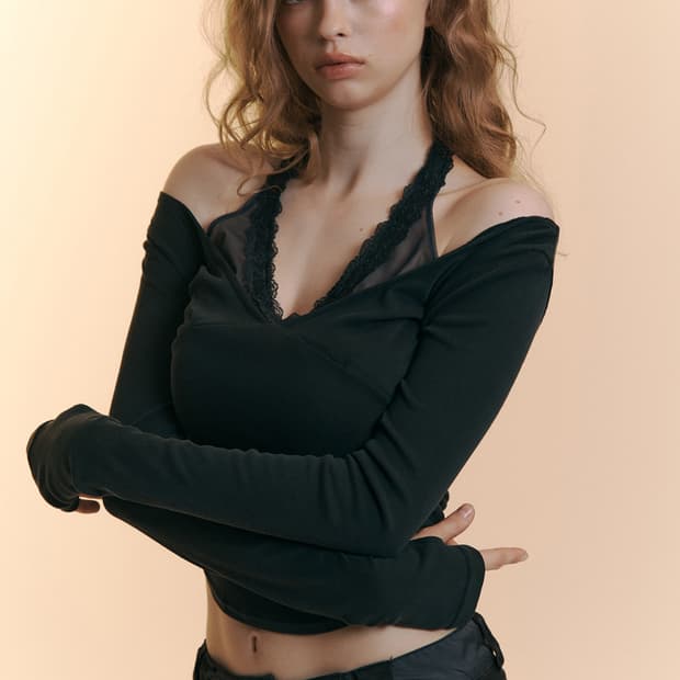 Amelia Lace Halter Long Sleeve Top (Cool