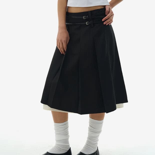 플레이스스튜디오 투밸트 로우라이즈 탈부착 플리츠 더블 레이어드 미디스커트