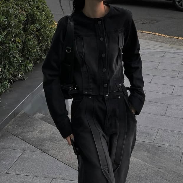 Twisted Non-collar DenimJacket [ Black ]
