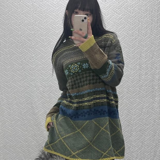 오일릴리 자카드 보헤미안 히피 패턴 니트 L C09489