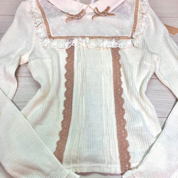 리즈리사 리본 레이스 도트 블라우스 니트 라떼갸루 모리걸 로리타