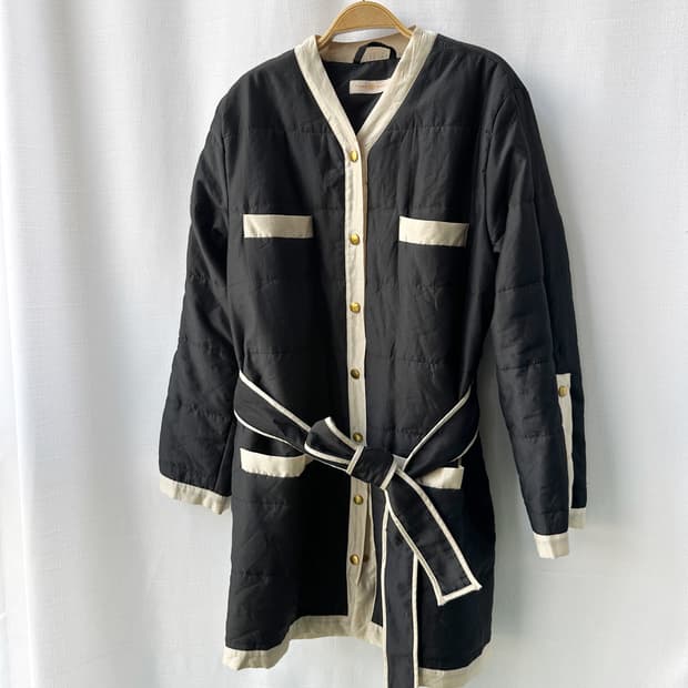 토리버치 롱 퀼팅 자켓 블랙 아이보리 L