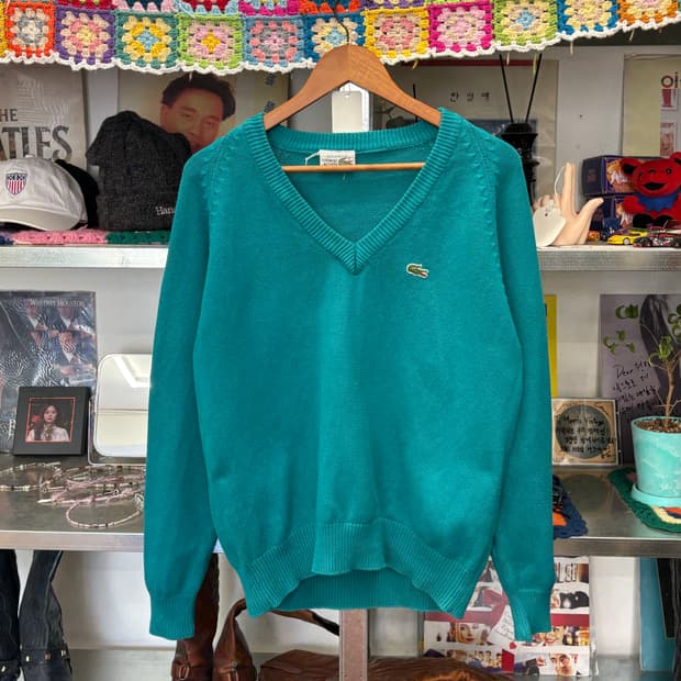 80s 프랑스 Lacoste 브이넥 코튼 니트