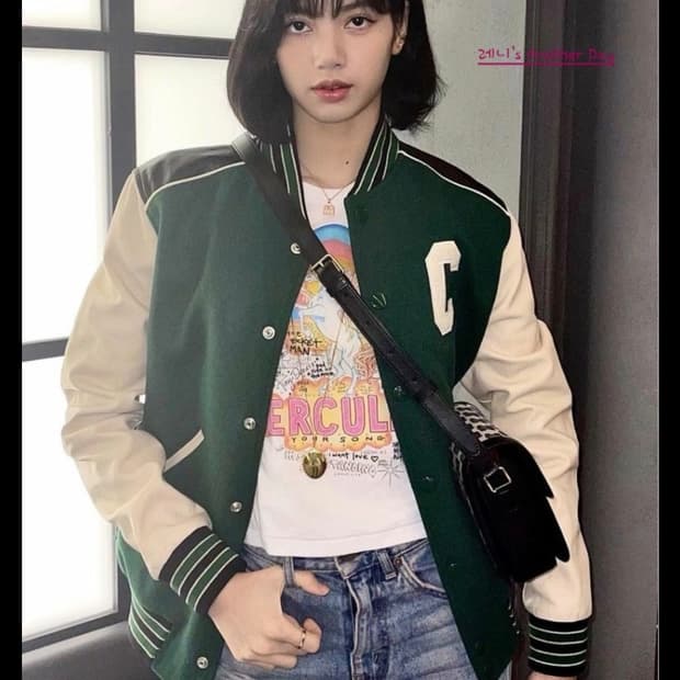 셀린느 C 로고 울 테디 레더 바시티 자켓(그린)