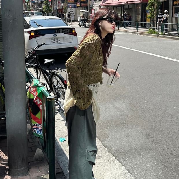 일본 크로셰 크롭 니트 올리브