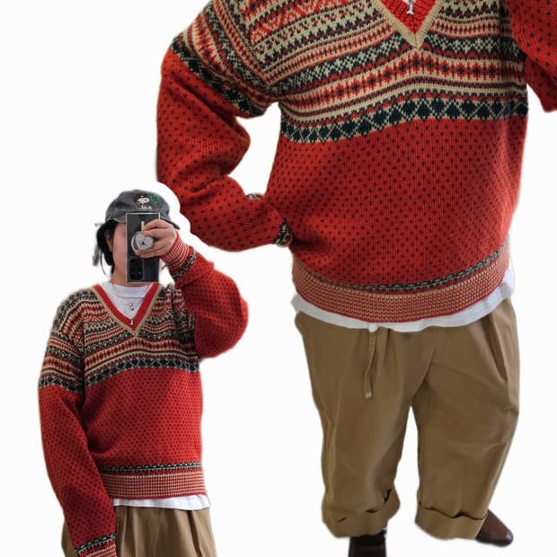 Japan GUY 오렌지 노르딕 V넥 울 니트