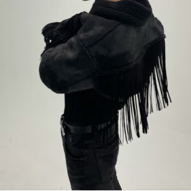 딥인블루 스웨이드 프린지 크롭 무스탕 빈티지