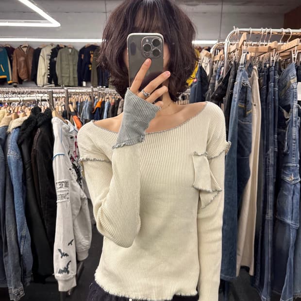 OS) idem 빈티지 여성 레이어드 핸드워머 니트 롱슬리브