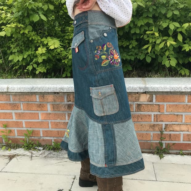 'Oilily' Floral Stitch Denim Skirt