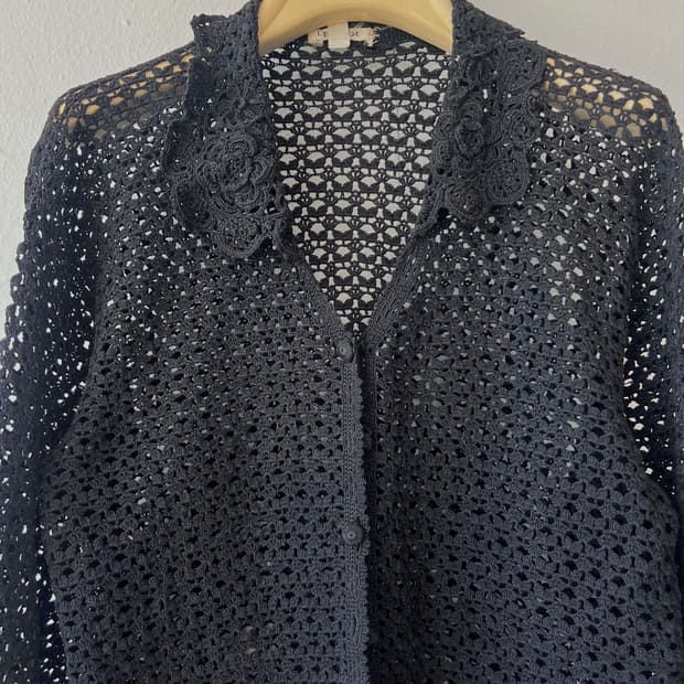 일본수입 L'est Rose 여성 블랙 크로셰 니트가디건