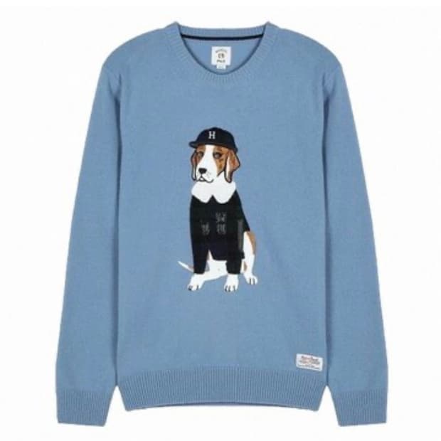 헤지스 블루 헤리스트위드 피즈패치 울 크루 니트