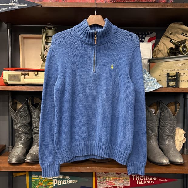 90s 폴로 랄프로렌 청키립 하프집업 코튼 니트 스웨터 블루 N637